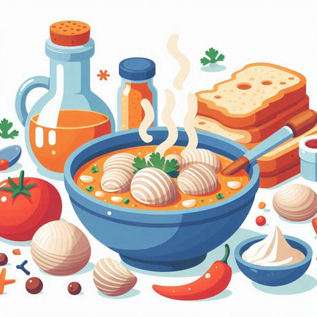 Vector illustration of a bowl of soup with meatballs and vegetables.のイラスト素材