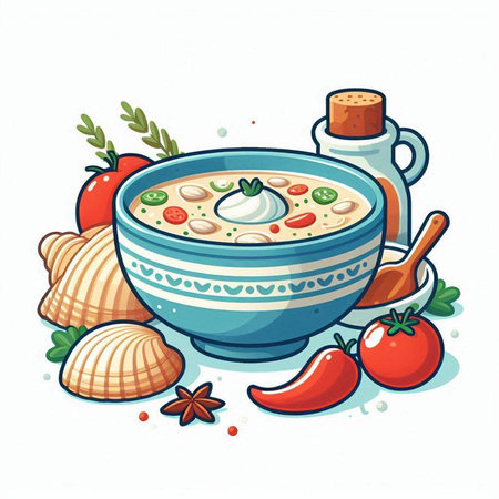 Tomato soup in a bowl. Vector illustration on white background.のイラスト素材