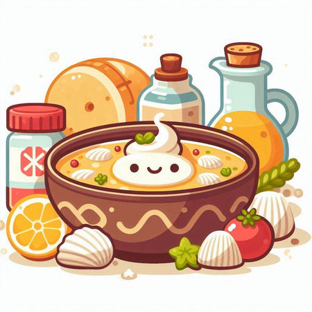 Cartoon vector illustration of a bowl of soup with cream and ingredients.のイラスト素材