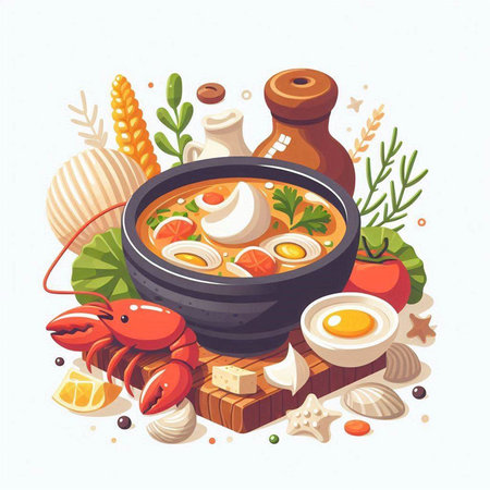 Seafood soup in bowl with ingredients. Cartoon vector illustration.のイラスト素材