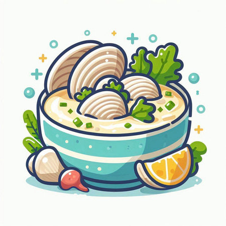 Bowl of soup with fish and vegetables. Vector illustration in cartoon style.のイラスト素材