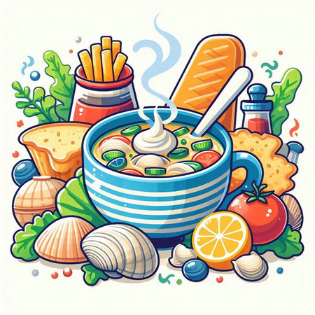 Vector illustration of a bowl of soup with vegetables, bread and cheeseのイラスト素材