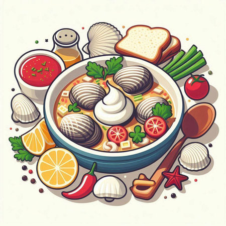Seafood soup in bowl with herbs and spices. Vector illustration.のイラスト素材