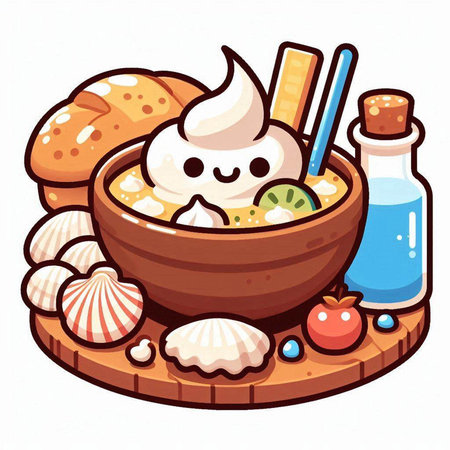 Illustration of a bowl of porridge with whipped cream and breadのイラスト素材