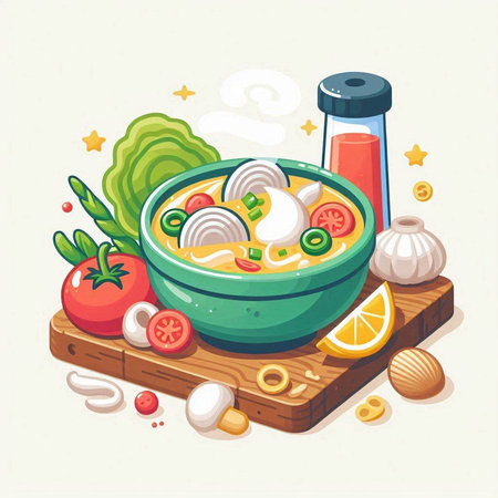 Illustration of a bowl of soup with vegetables on a cutting boardのイラスト素材