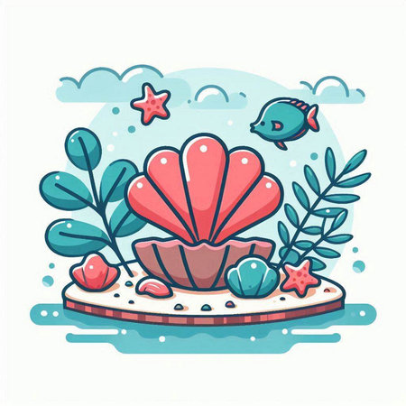 Sea shell and starfish on a coral reef. Vector illustration.のイラスト素材