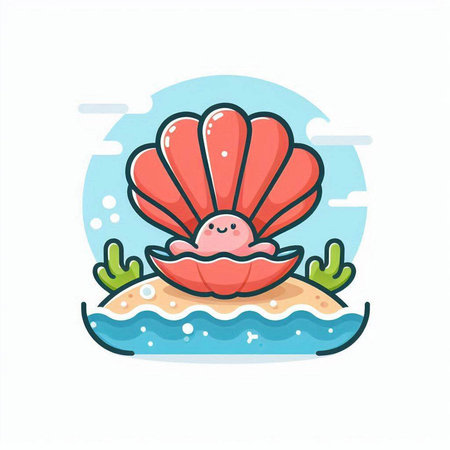 Illustration of seashell on the seashore. Vector illustrationのイラスト素材