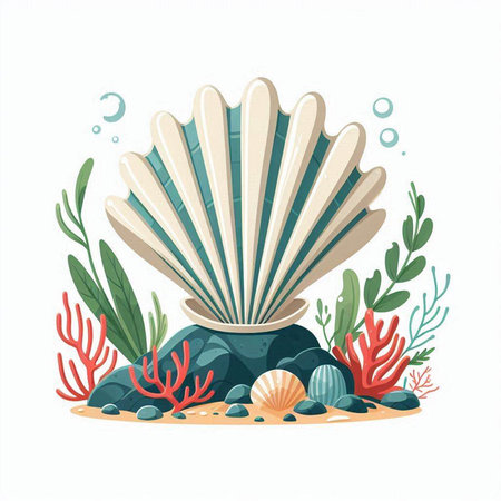 Coral reef with seashell and seaweed. Vector illustration.のイラスト素材