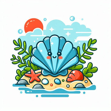 Cute cartoon sea shell with starfish and algae. Vector illustration.のイラスト素材