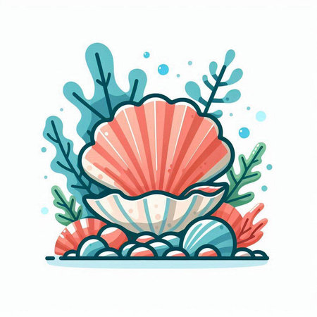 Sea shell and seaweed. Vector illustration in cartoon flat style.のイラスト素材