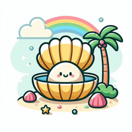 Illustration of cute seashell on the beach. Vector illustration.のイラスト素材