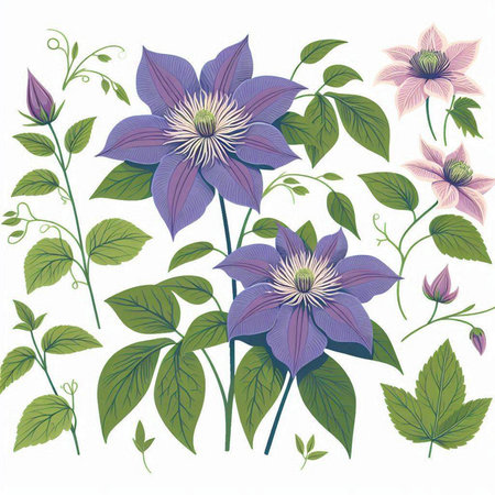 Beautiful clematis flowers on a white background. Vector illustration.のイラスト素材