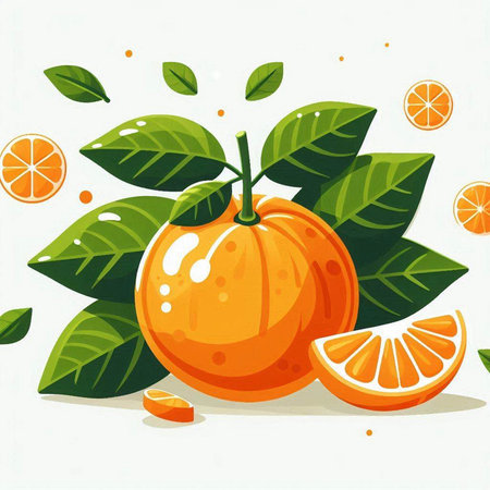 Orange fruit with leaves and slices on white background. Vector illustration.のイラスト素材