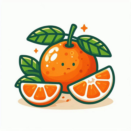 Cute cartoon tangerine with leaves and slices. Vector illustration.のイラスト素材