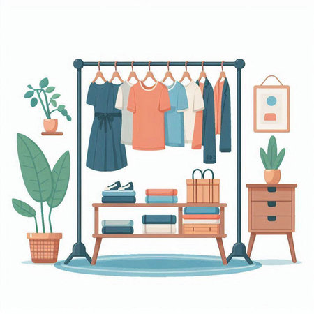 Wardrobe with clothes and accessories. Vector illustration in cartoon style.のイラスト素材