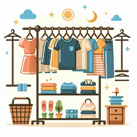 Clothing rack with different clothes. Vector illustration in flat style.のイラスト素材
