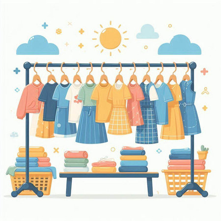 Clothing rack with clothes and accessories. Vector illustration in flat styleのイラスト素材