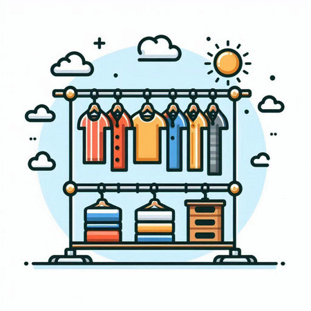 Clothes rack with clothes. Vector illustration in flat linear style.のイラスト素材