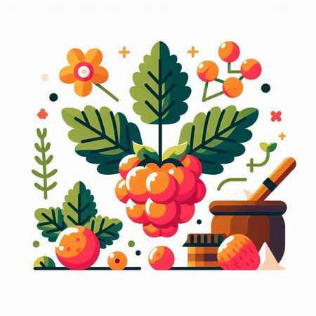 Flat vector illustration with berries, honey, leaves and flowers.のイラスト素材