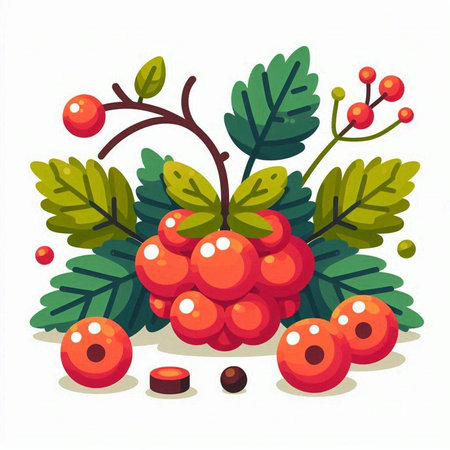Bunch of rowan berries with leaves and berries. Vector illustration.のイラスト素材