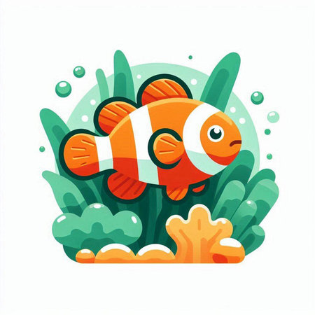Clown fish in aquarium flat vector illustration. Cute cartoon clownfish swimming underwater.のイラスト素材