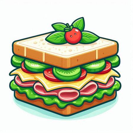 Sandwich with ham, cheese, tomato, cucumber and lettuce. Vector illustration.のイラスト素材