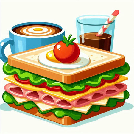 Vector illustration of a sandwich with a tomato and a glass of coffeeのイラスト素材