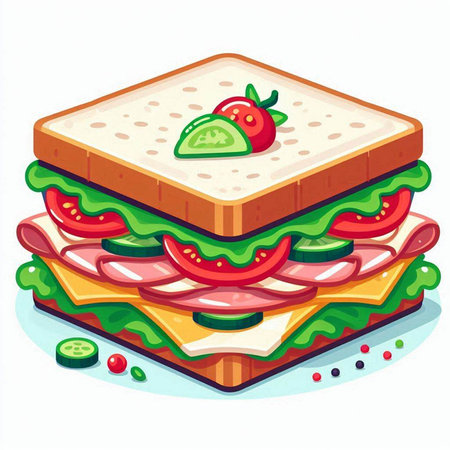Sandwich with ham, cheese, tomato and cucumber. Vector illustration.のイラスト素材