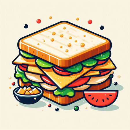 Sandwich with cheese, tomato and lettuce. Vector illustration in cartoon style.のイラスト素材
