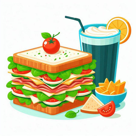 Sandwich with cheese, ham, tomato and lettuce. Vector illustration.のイラスト素材