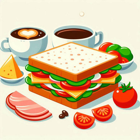 Coffee and sandwiches with cheese and tomato. Vector illustration.のイラスト素材
