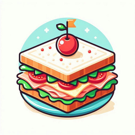 Sandwich with cheese, ham, tomato and cherry. Vector illustration.のイラスト素材