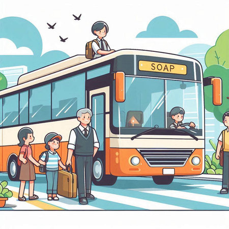 Cartoon illustration of a bus station with passengers waiting for the busのイラスト素材