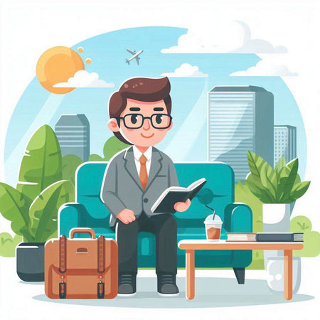 Businessman sitting on the couch and reading a book. Vector illustrationのイラスト素材