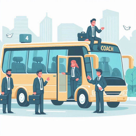 Business people in bus stop. Bus tour concept. Vector illustration.のイラスト素材