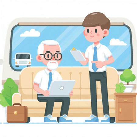 Senior man and young man using laptop in the bus. Vector illustration.のイラスト素材