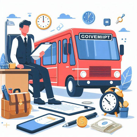 Bus service concept. Vector illustration in flat cartoon style. Businessman waiting for bus.のイラスト素材