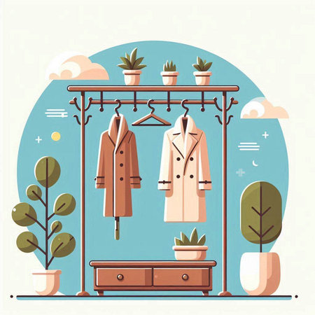 Vector illustration of wardrobe with clothes, accessories and plants in pots.のイラスト素材