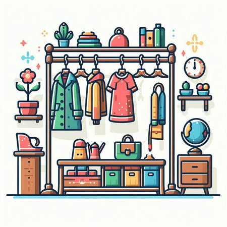 Fashion store interior with clothes and accessories. Flat vector illustration.のイラスト素材