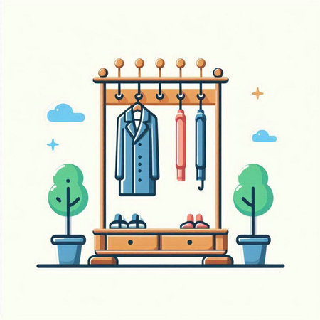 Vector illustration of a wardrobe with clothes and accessories in flat style.のイラスト素材