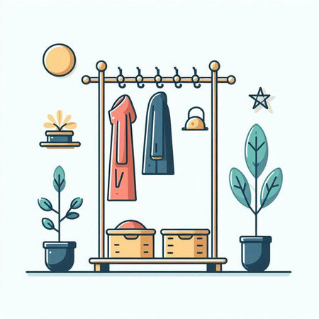 Vector illustration of a wardrobe with towels, potted plants and other things.のイラスト素材