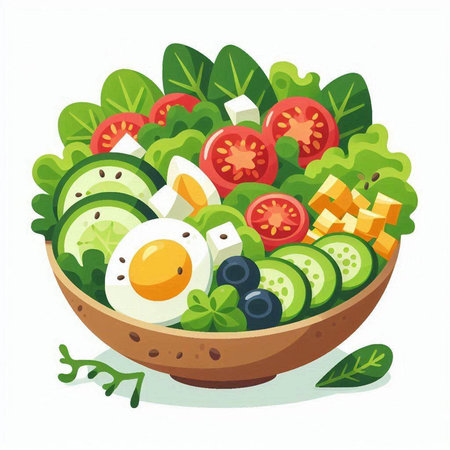 Fresh vegetable salad in a bowl. Vector illustration isolated on white background.のイラスト素材