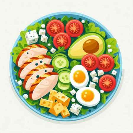 Healthy food. Salad with chicken, avocado, cheese, tomato, egg, cucumber. Vector illustrationのイラスト素材