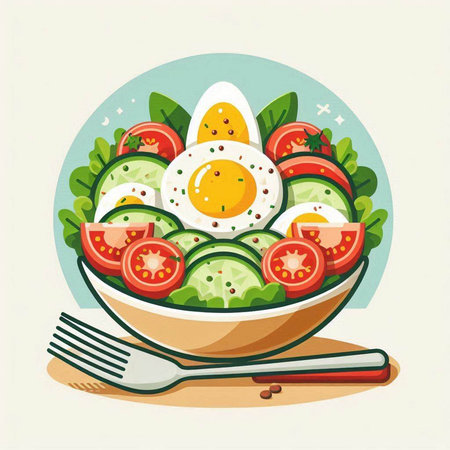Salad with eggs, tomatoes and cucumbers. Vector illustration.のイラスト素材