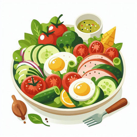 Salad with tomatoes, cucumber, onion and egg. Vector illustration.のイラスト素材