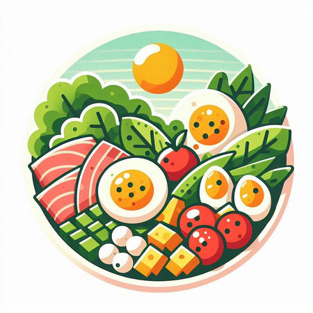 Vector illustration of fresh vegetable salad with eggs, tomato, cucumber, spinach and salmon in round plate.のイラスト素材