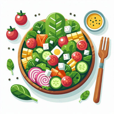 Vegetable salad with feta cheese, cucumber, tomato, onion, lettuce and mayonnaise. Healthy food concept.のイラスト素材