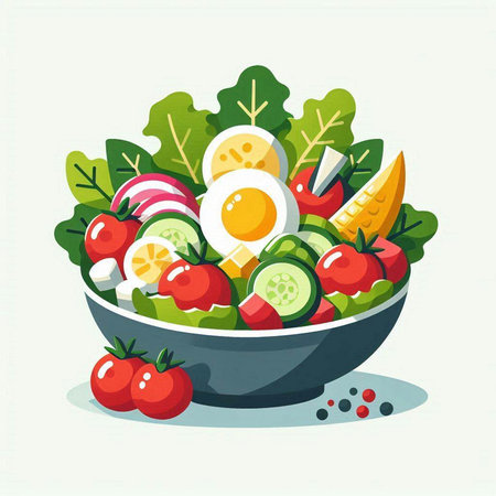 Vegetable salad in bowl. Healthy food. Vector illustration.のイラスト素材