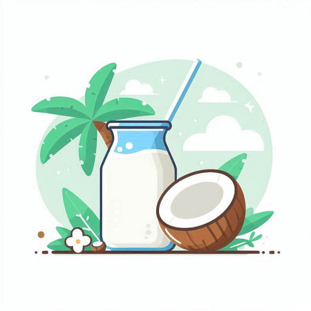 Coconut milk in a glass bottle with a straw on a background of palm leaves. Vector illustration.のイラスト素材