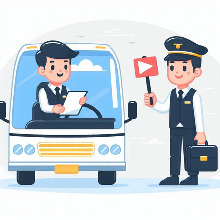 Vector illustration of a bus driver and a driver with a clipboard and a signのイラスト素材